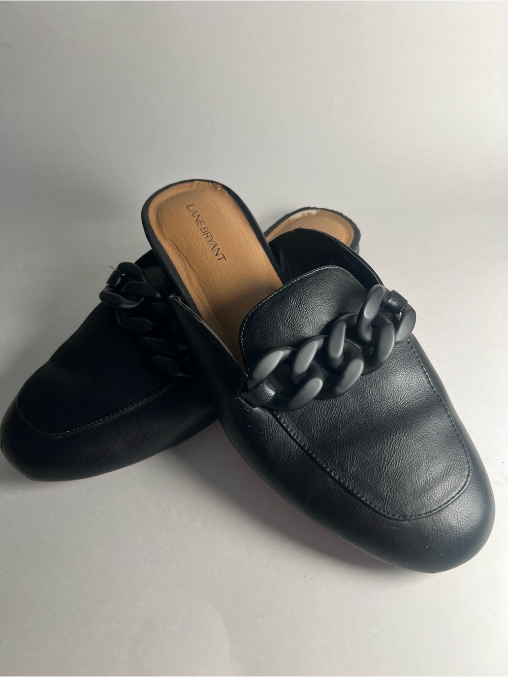 Lane Bryant Black Faux-Leather Chain-Detail Slip Mules Size 12 wide